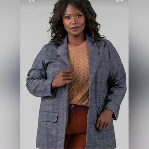 NWOT/Liverpool Boyfriend Blazer Womens 32X Blue Khaki Plaid Open Front Jacket